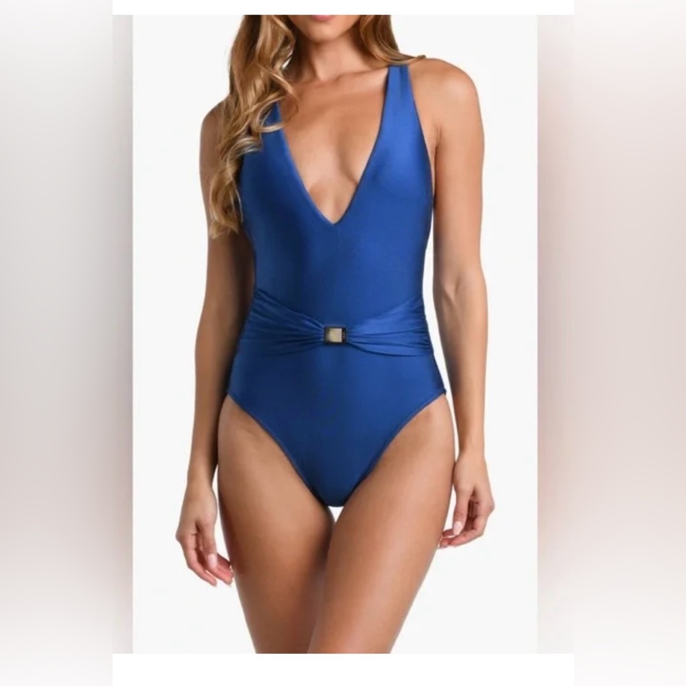 L’Agence Lisa Plunge One Piece Monaco Blue Swimsuit, Large